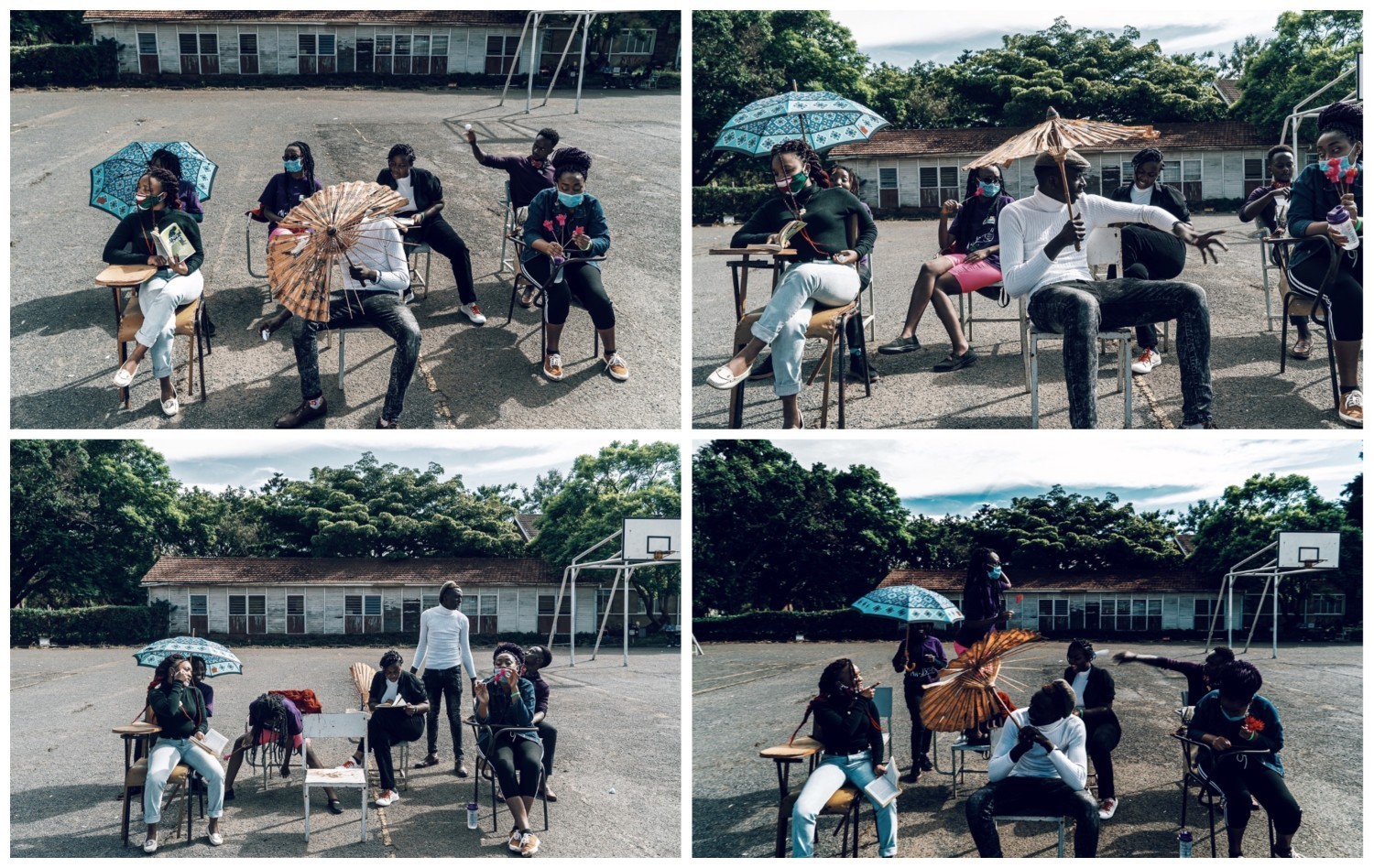 Set of 4 pics, showing students sitting on chairs outdoors, two holding umbrellas, one reading, others chatting.