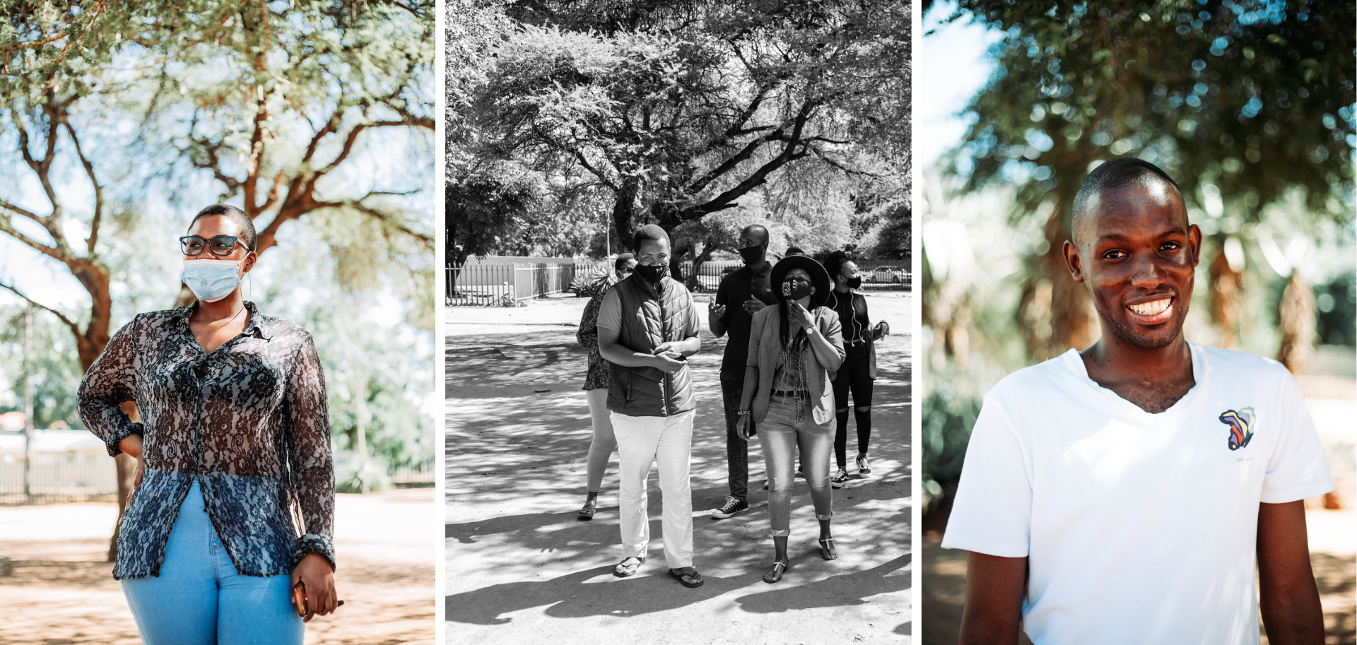 Triptych of images: A young woman in turquoise trousers and a face mask stands tall in front of a tree in bloom; two people in face masks walk towards the camera laughing; a young man in a white tshirt smiles at the camera