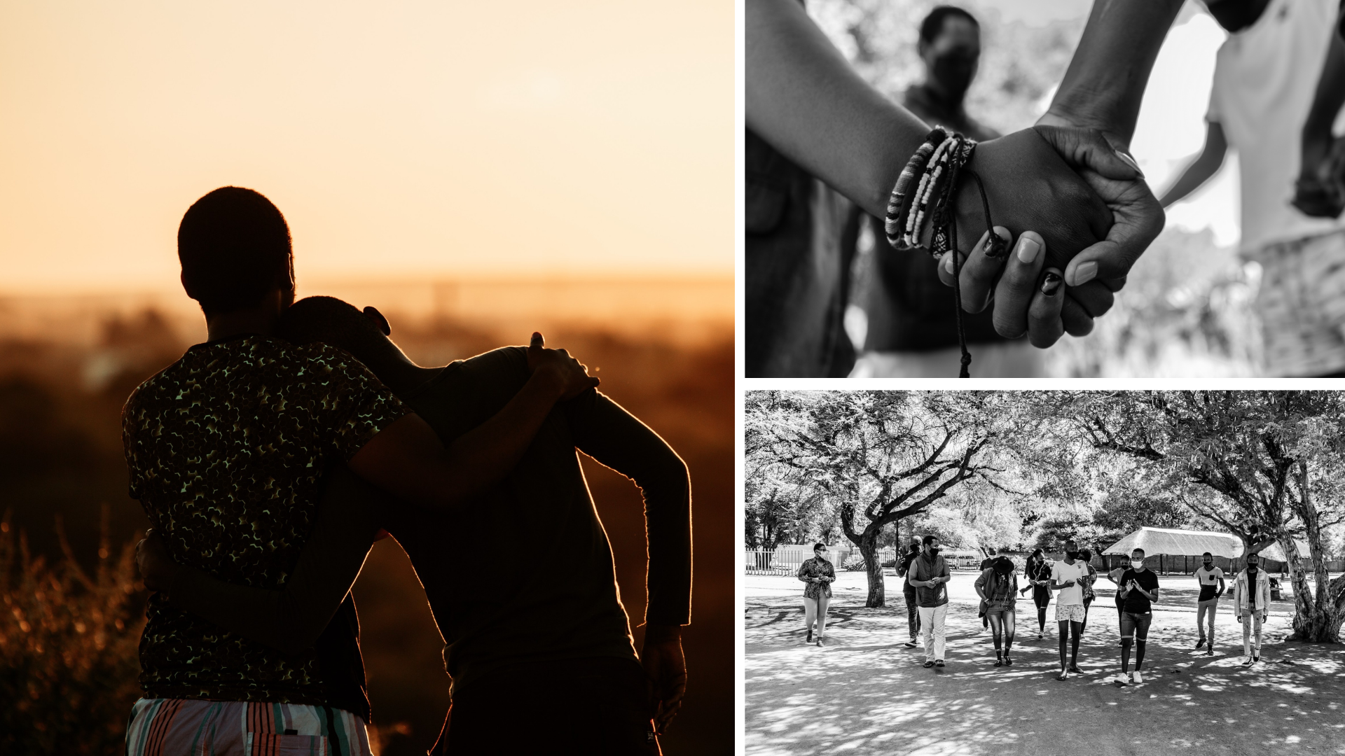 Triptych of images: Two men facing away from the camera gaze at a sunset,with arms around one anothers shoulders. Closeup of two clasped hands. A group of people walk through a park in sunshine