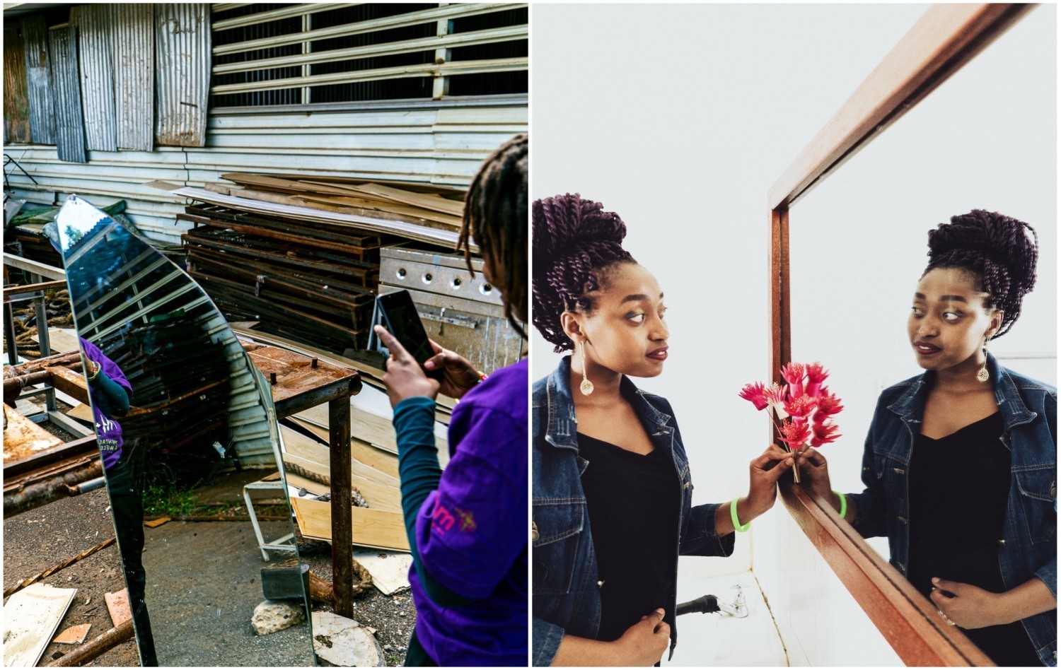 A girl using her phone with her reflection seen in the mirror, her face isn't visible. In the next pic, a girl holds flowers and looks at herself in the mirror.