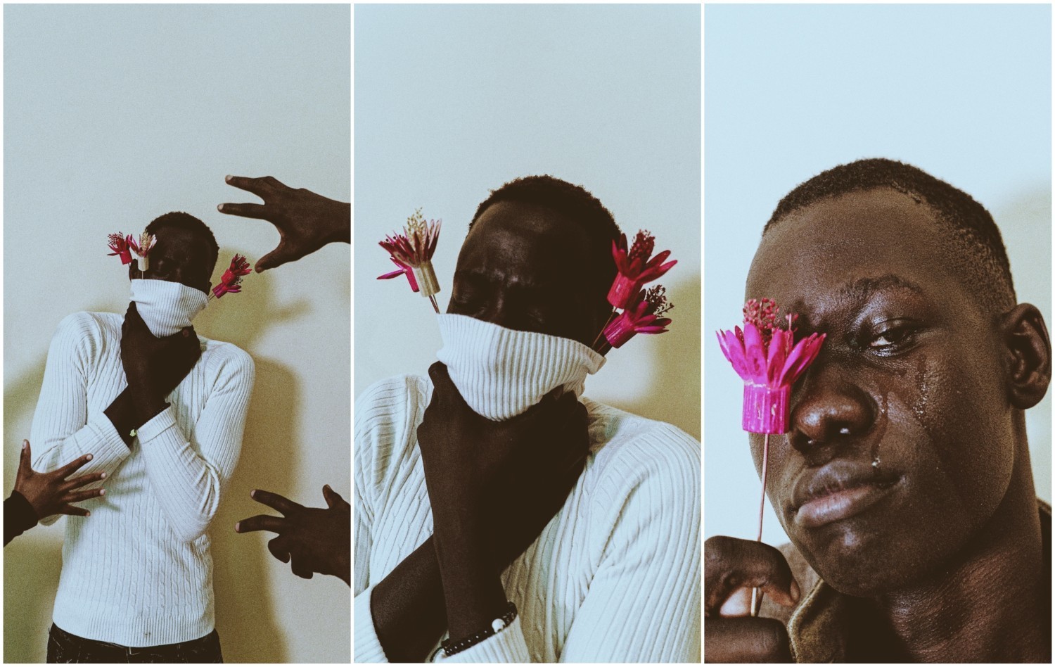 A boy with a cloth on his mouth while he holds his neck with both hands. Hands are trying to reach him. Flowers are growing from the cloth.