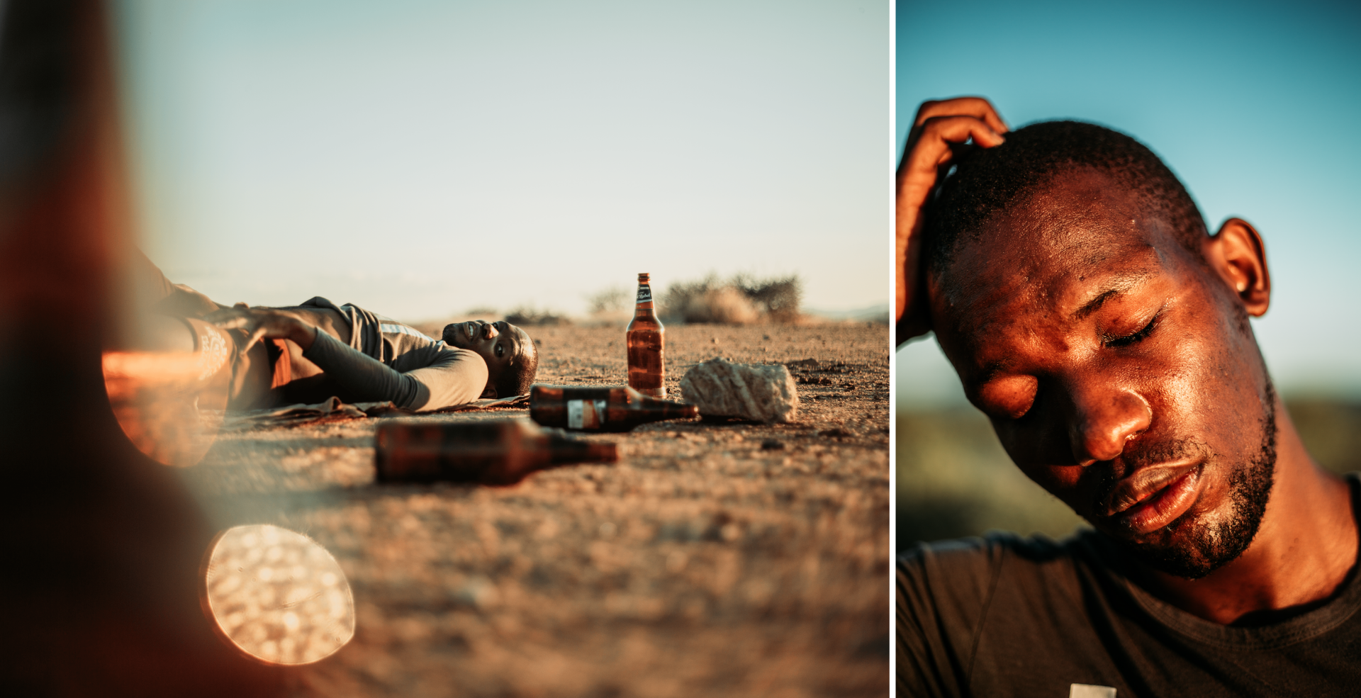 Young man lies on the sand, surrounded by beer bottles. Second image shows a close up of his face, against a blue sky, with eyes closed and hand resting on his head