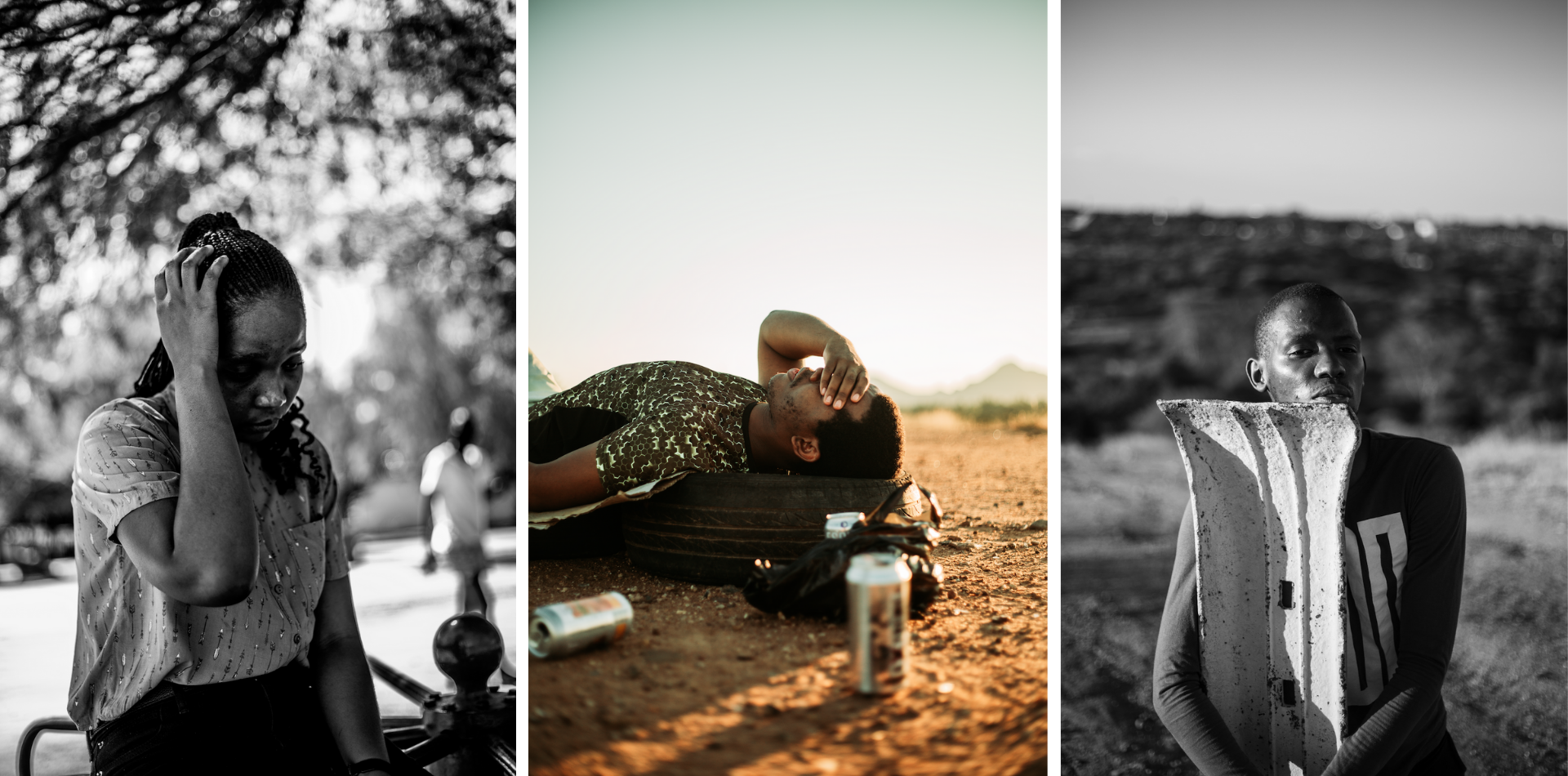 Triptych of images: young woman alone in a park; young man lying on a tyre on the sand, next to an empty can; young man stands leaning on a pillar gazing off camera