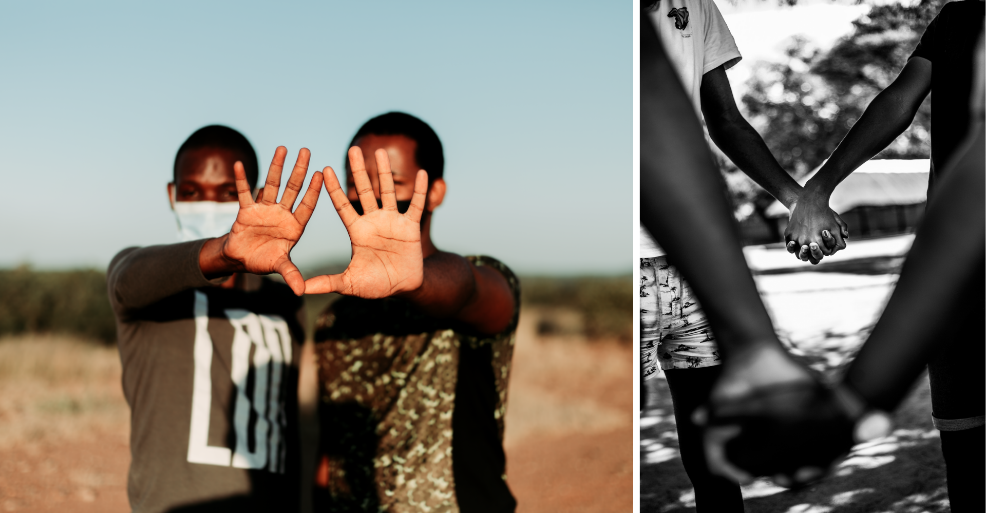 Two men stand facing the camera in front of a blue sky, with hands outstretched, palms outwards, and thumbs touching