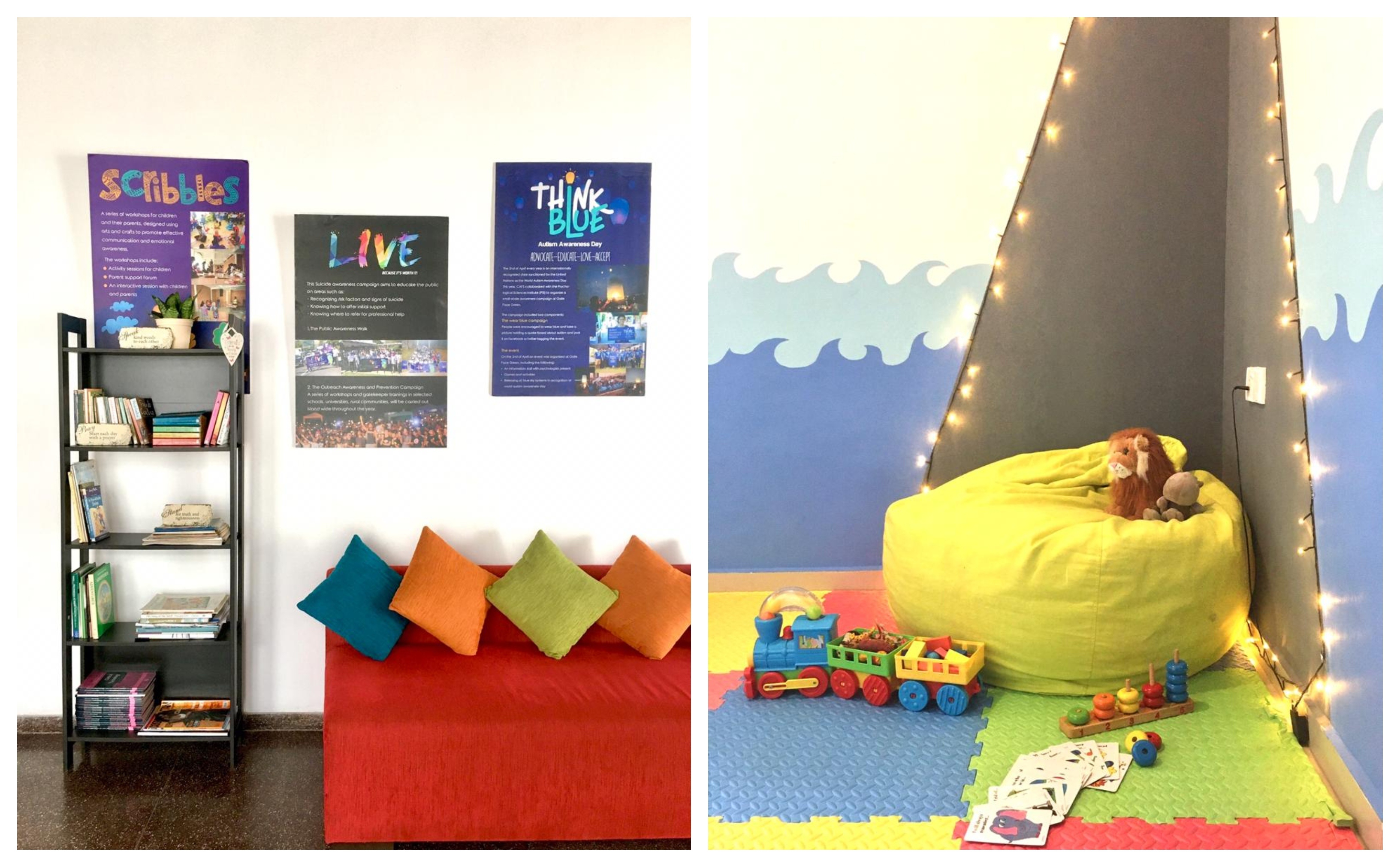 Photograph shows the interior of the CAFS space: a red sofa with colourful cushions neatly arranged on it, child-friendly posters on the wall and a book shelf with kids books and games stacked neatly on it.