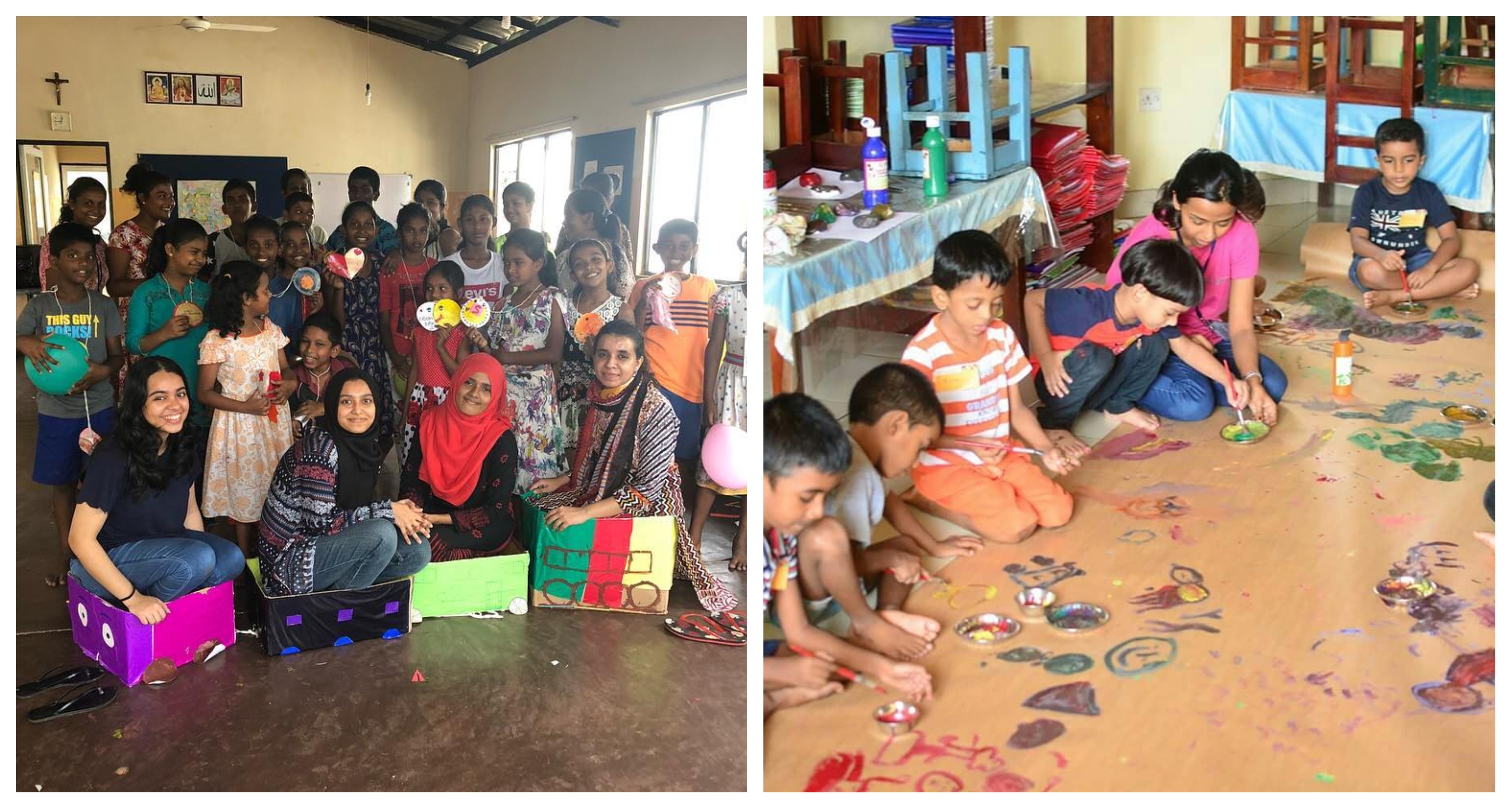 Two photographs side by side showing a CAFS kids workshop in progress: 1) five Sri Lankan children are seated on the floor painting on a roll of paper with bright paints. 2) Workshop participants are grouped together smiling at the camera and holding their creations.